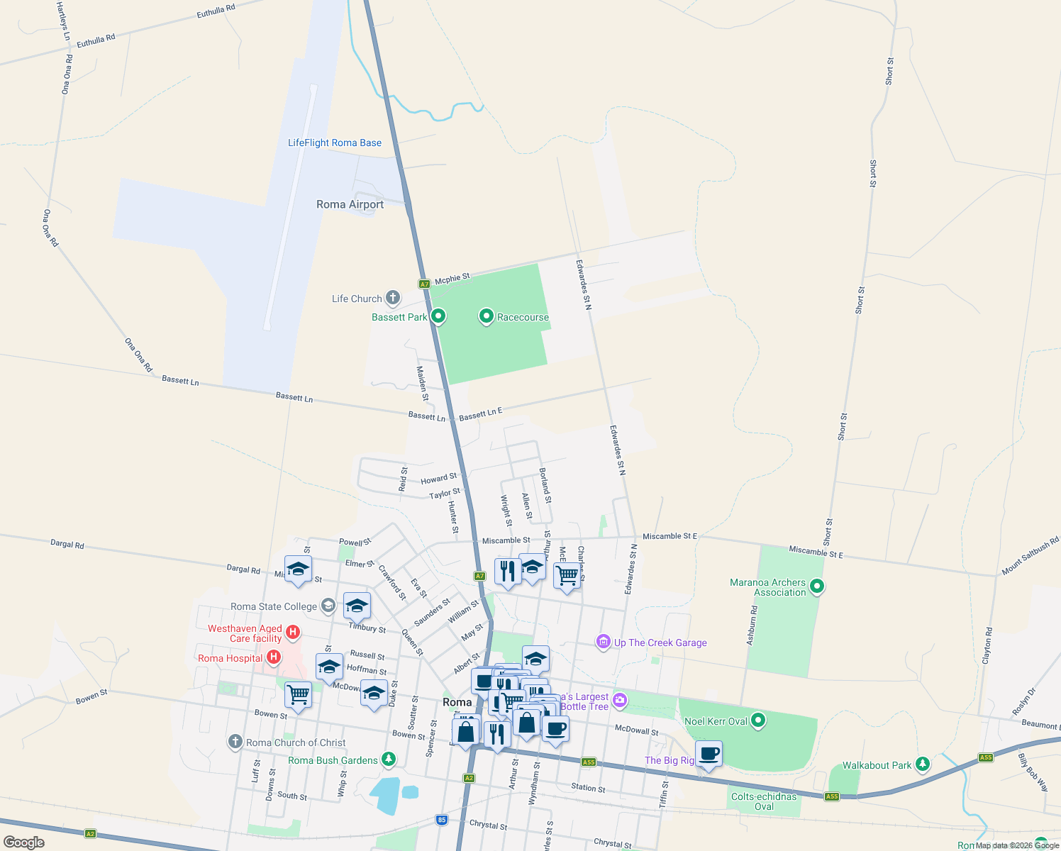 map of restaurants, bars, coffee shops, grocery stores, and more near LOT 1 Northern Road in Roma