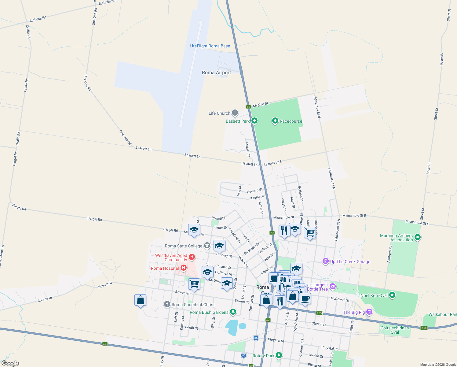 map of restaurants, bars, coffee shops, grocery stores, and more near 34 Everingham Avenue in Roma