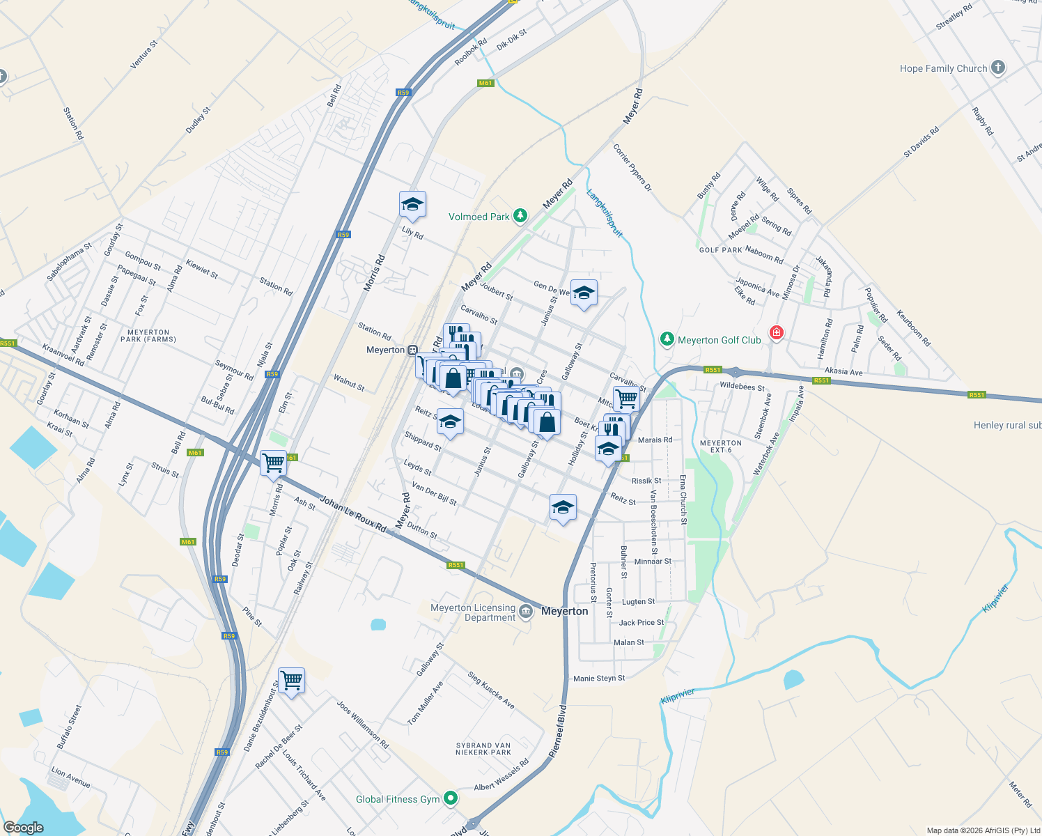 map of restaurants, bars, coffee shops, grocery stores, and more near 30 Loch Street in Meyerton