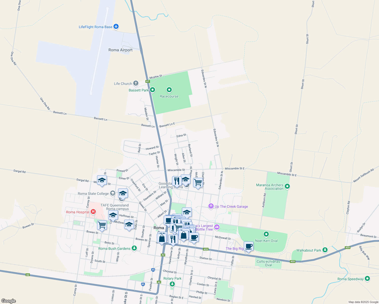 map of restaurants, bars, coffee shops, grocery stores, and more near 9 Borland Street in Roma