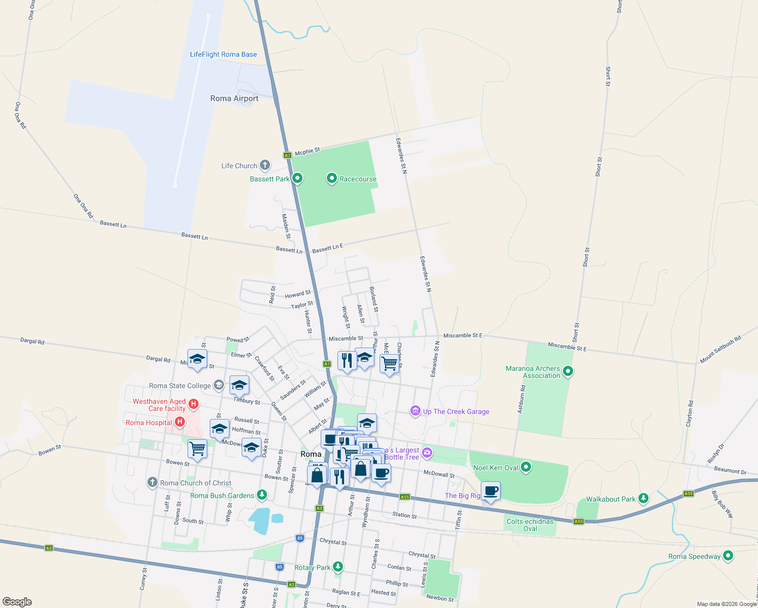 map of restaurants, bars, coffee shops, grocery stores, and more near 14 Borland Street in Roma