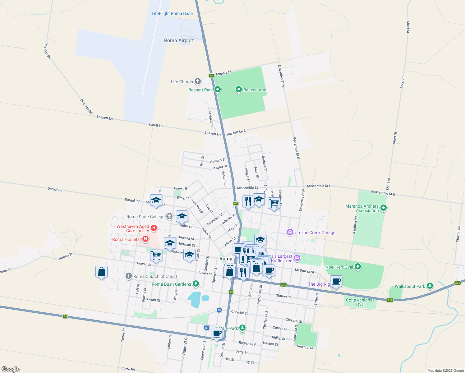 map of restaurants, bars, coffee shops, grocery stores, and more near 30 Northern Road in Roma