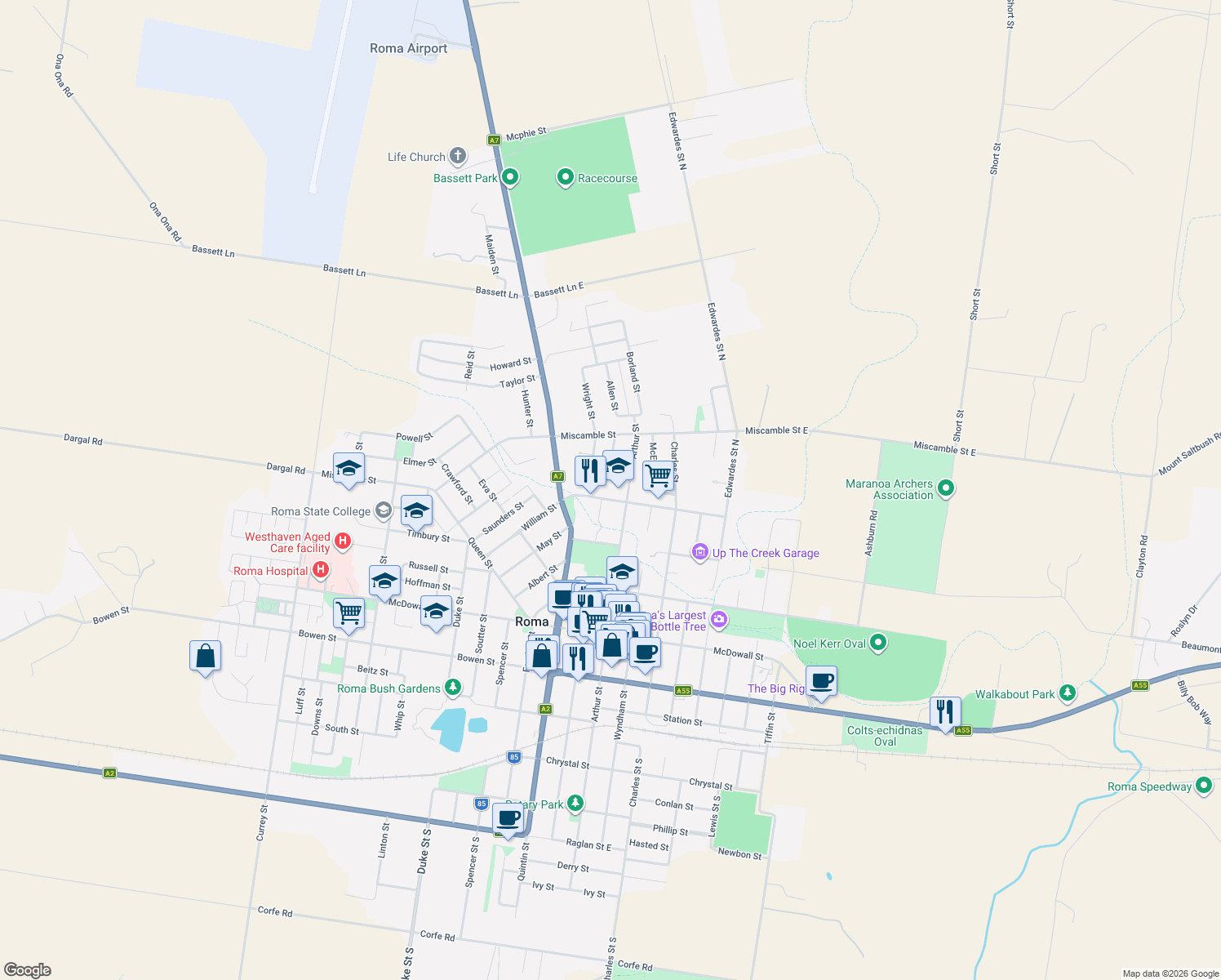 map of restaurants, bars, coffee shops, grocery stores, and more near 33 Lovell Street in Roma