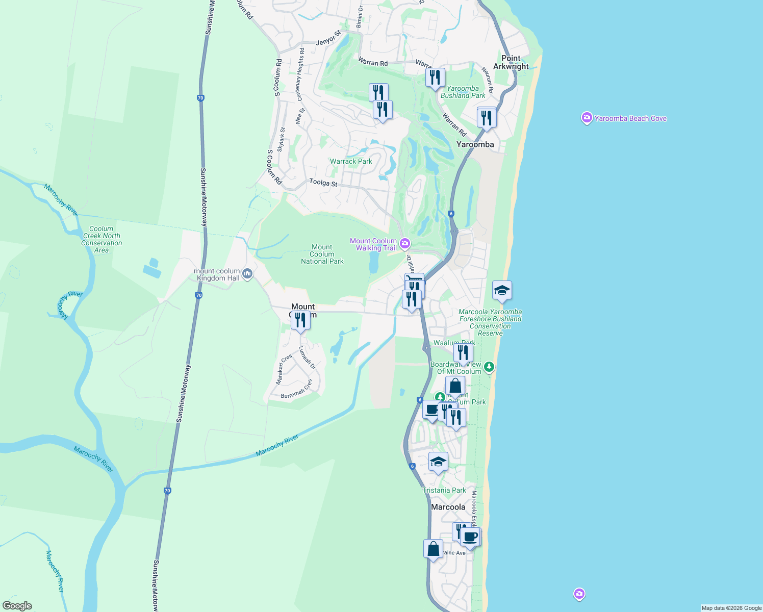 map of restaurants, bars, coffee shops, grocery stores, and more near 3 Eastern Court in Mount Coolum
