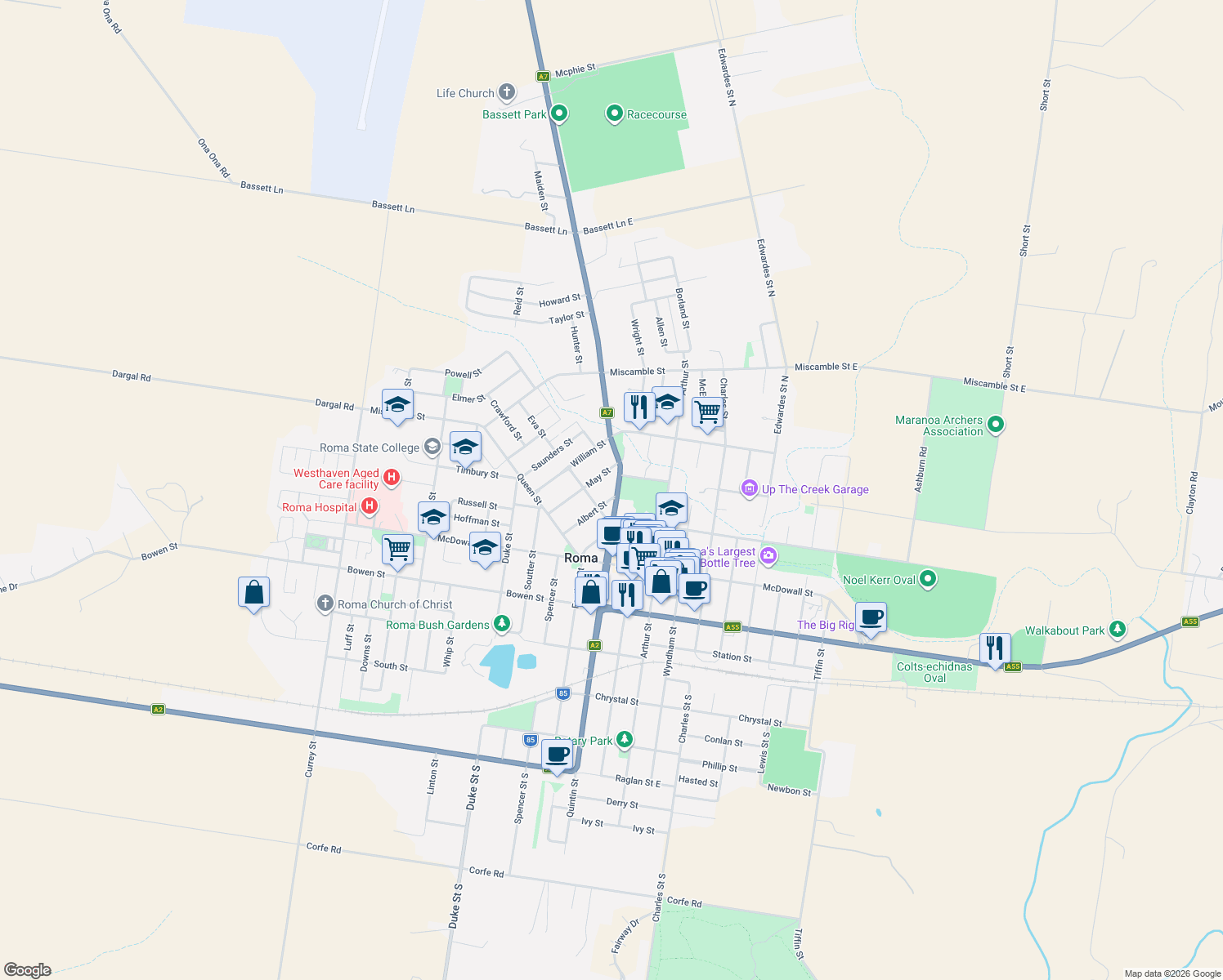 map of restaurants, bars, coffee shops, grocery stores, and more near 1 Albert Street in Roma