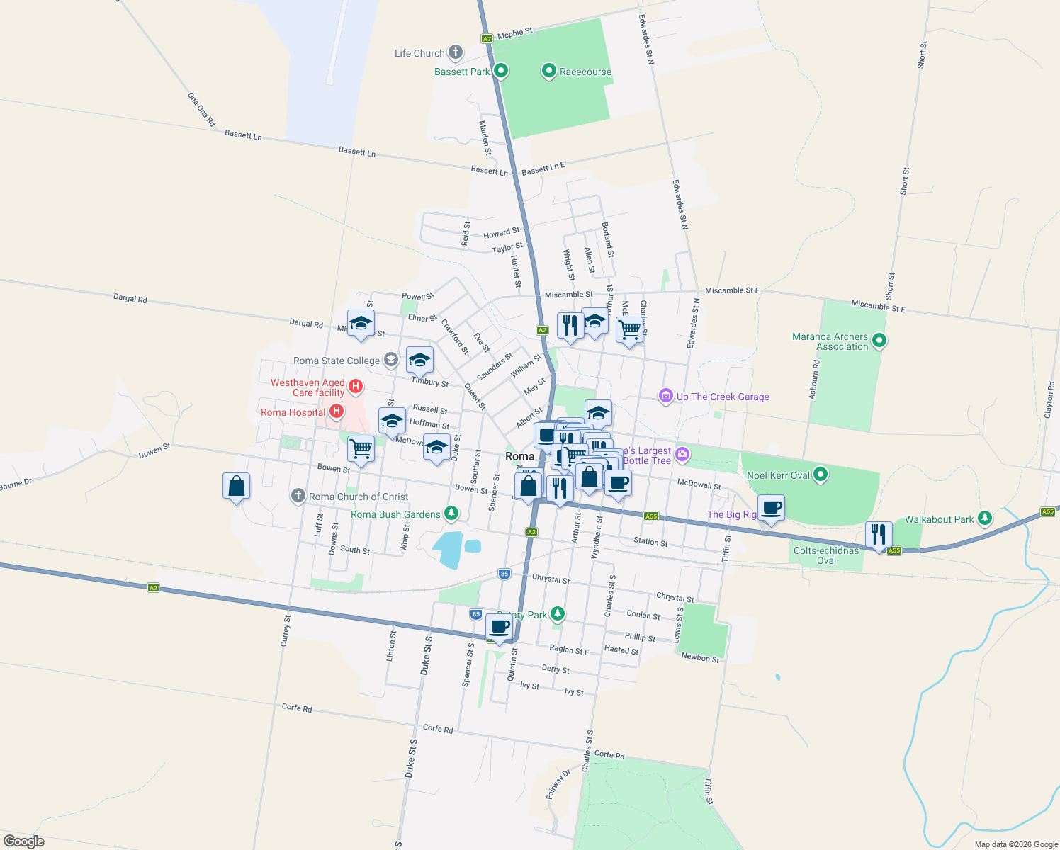 map of restaurants, bars, coffee shops, grocery stores, and more near 12 Albert Street in Roma