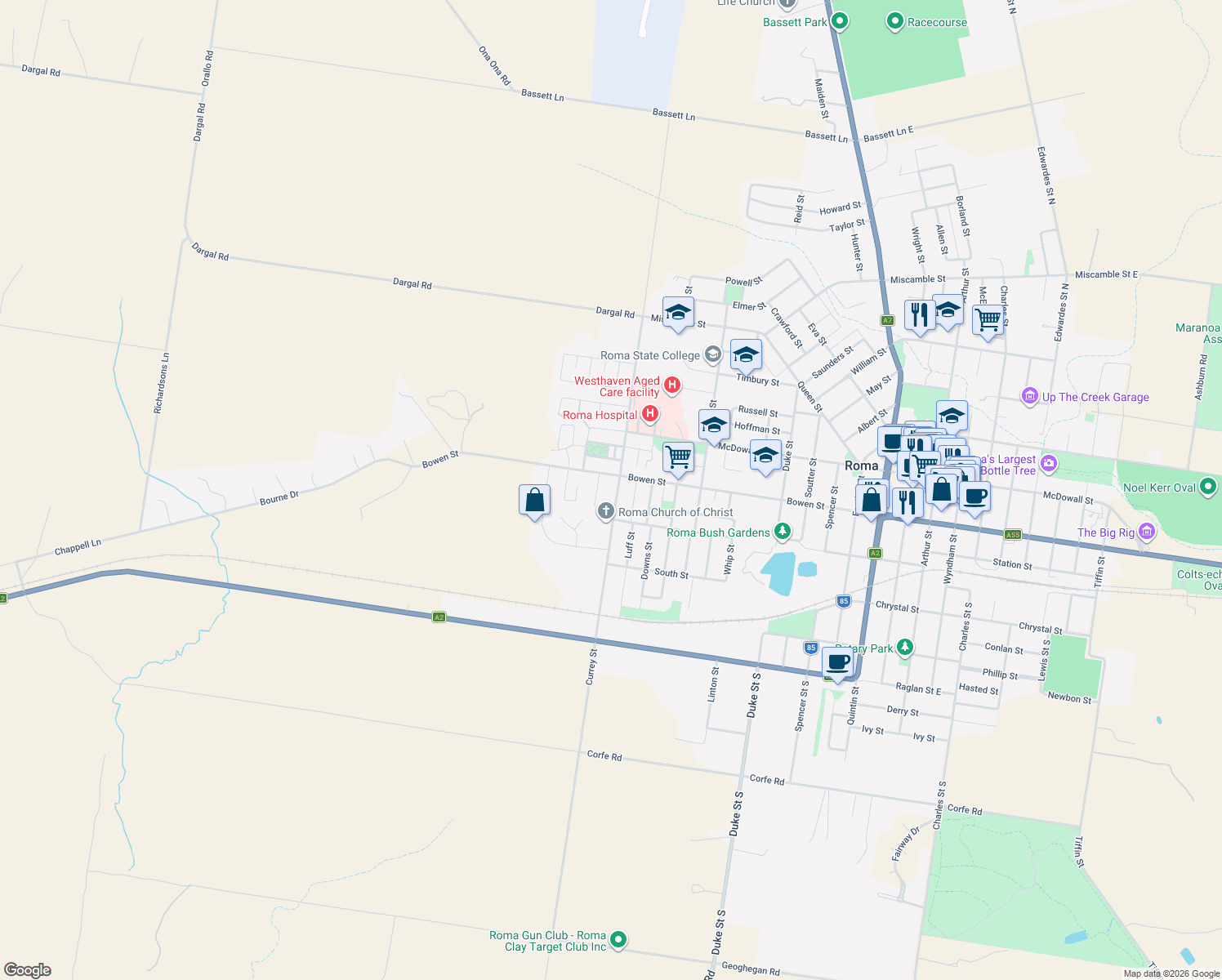 map of restaurants, bars, coffee shops, grocery stores, and more near 105 Currey Street in Roma