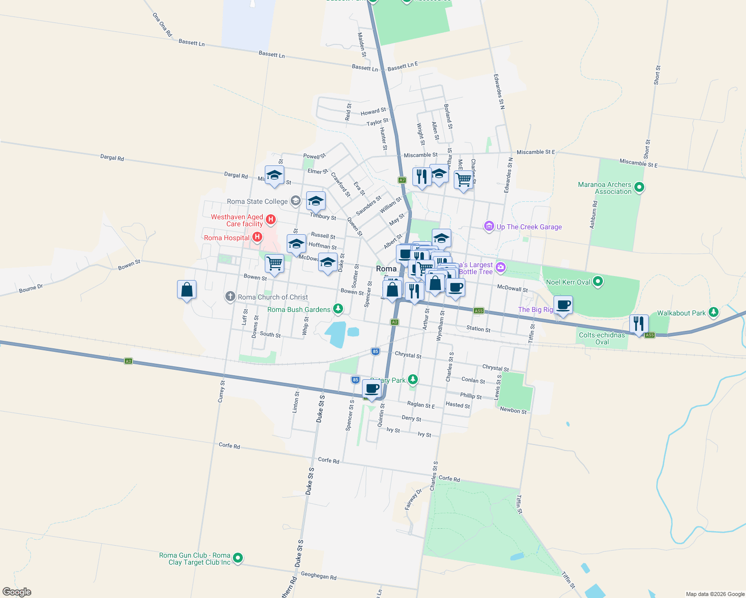 map of restaurants, bars, coffee shops, grocery stores, and more near 38A Bowen Street in Roma
