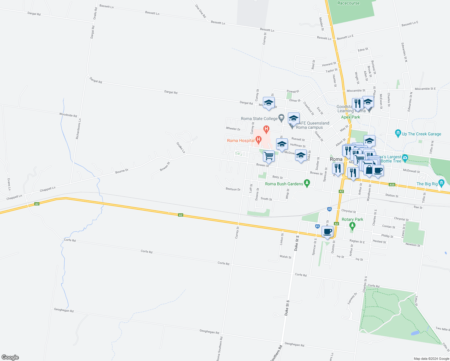 map of restaurants, bars, coffee shops, grocery stores, and more near 11 Lockyer Crescent in Roma
