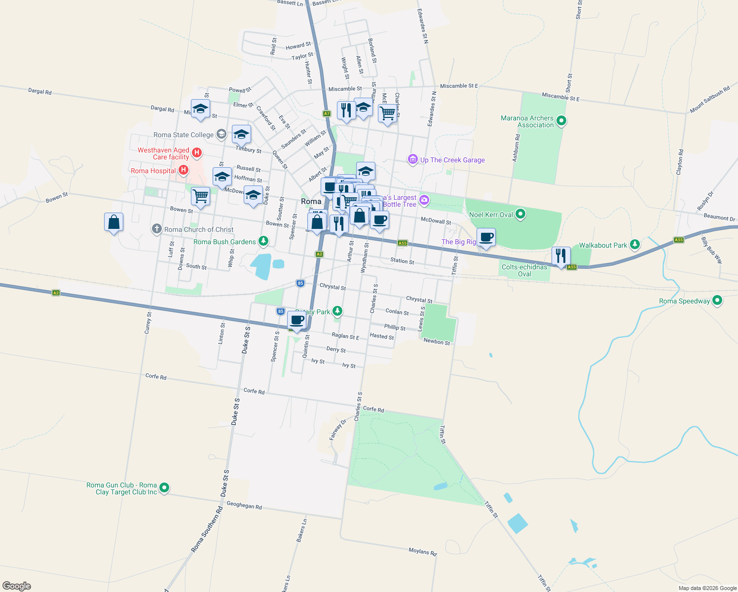 map of restaurants, bars, coffee shops, grocery stores, and more near 44 Chrystal Street in Roma