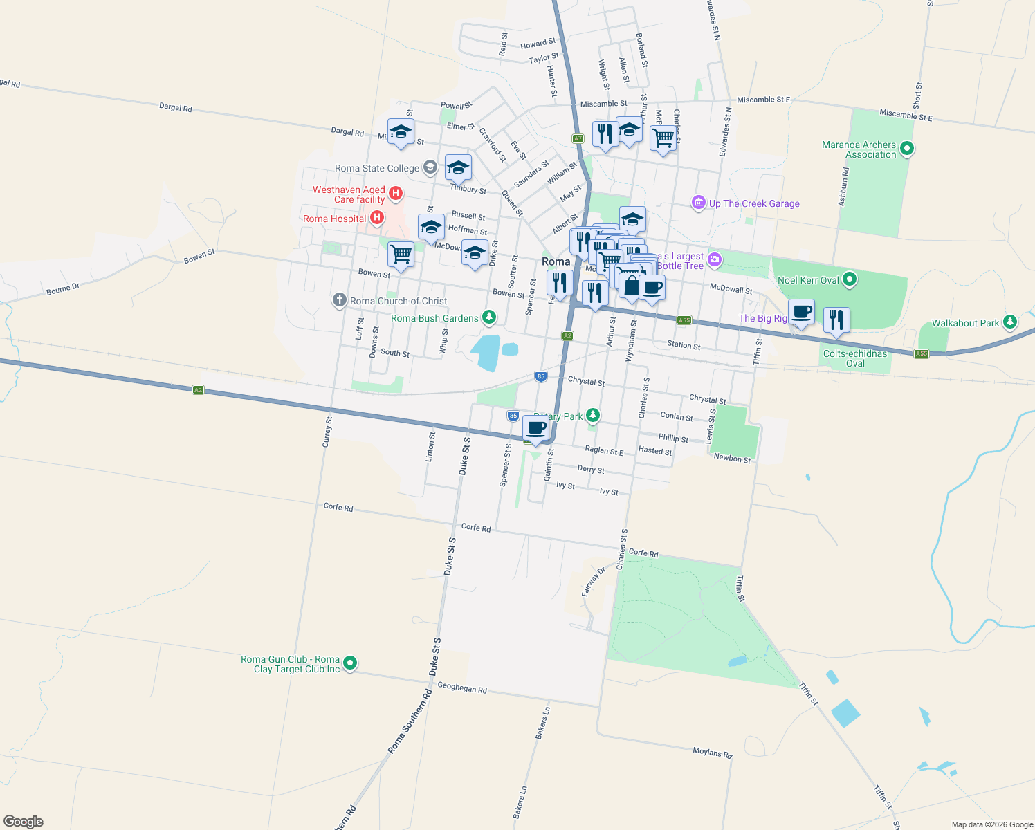 map of restaurants, bars, coffee shops, grocery stores, and more near 44 Twine Street in Roma