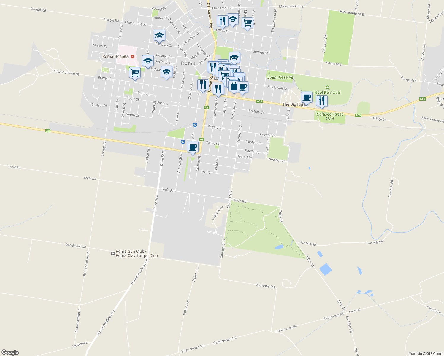 map of restaurants, bars, coffee shops, grocery stores, and more near 2-28 Ivy Street in Roma