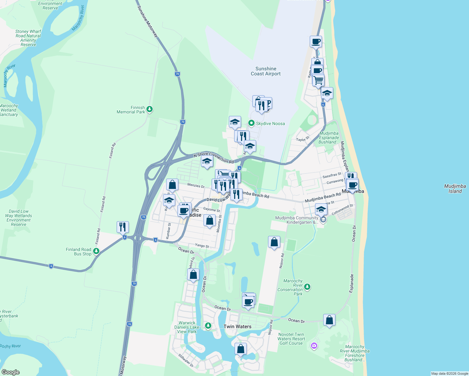 map of restaurants, bars, coffee shops, grocery stores, and more near 683 David Low Way in Mudjimba