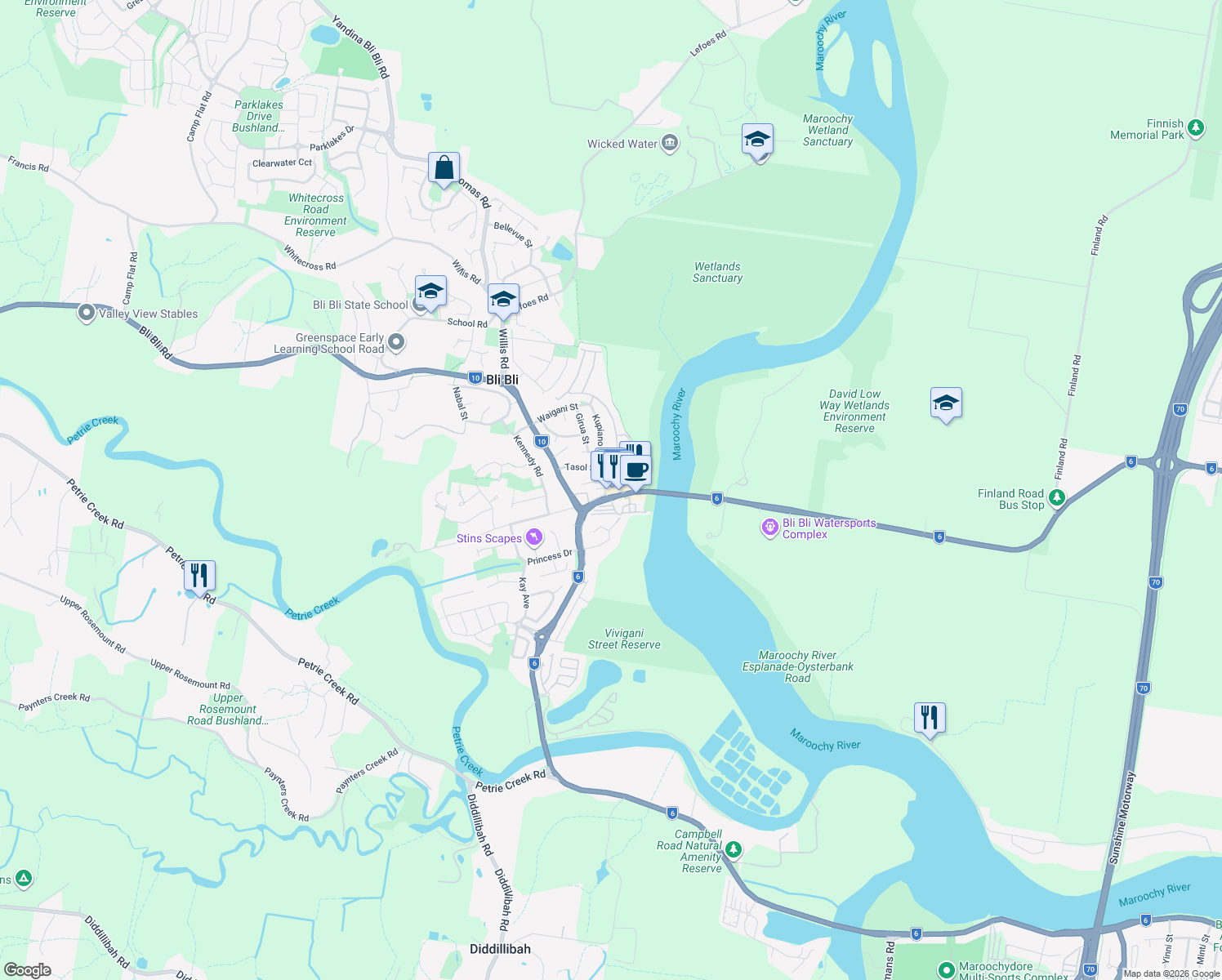 map of restaurants, bars, coffee shops, grocery stores, and more near 320 David Low Way in Bli Bli