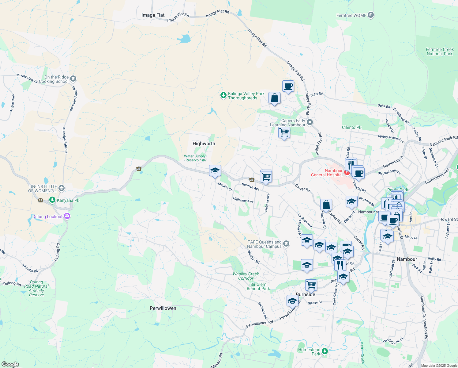 map of restaurants, bars, coffee shops, grocery stores, and more near 4 Magpie Street in Nambour