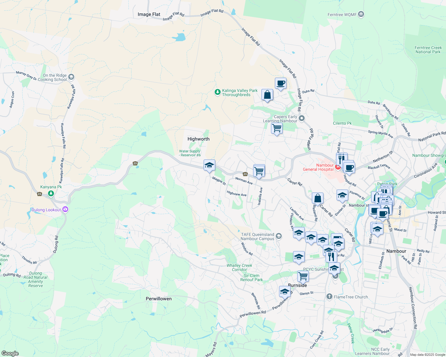 map of restaurants, bars, coffee shops, grocery stores, and more near 4 Magpie Street in Nambour