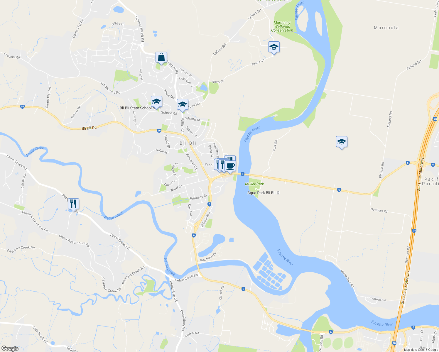 map of restaurants, bars, coffee shops, grocery stores, and more near in Bli Bli