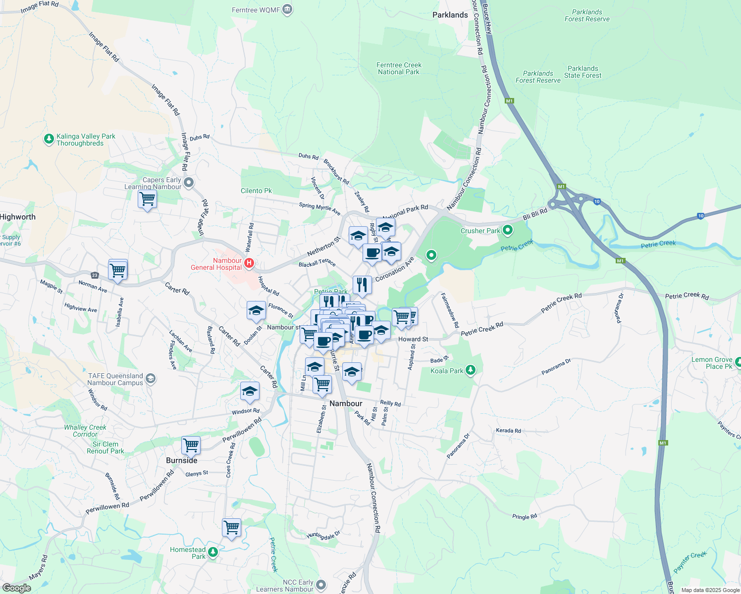 map of restaurants, bars, coffee shops, grocery stores, and more near 1 Carroll Street in Nambour