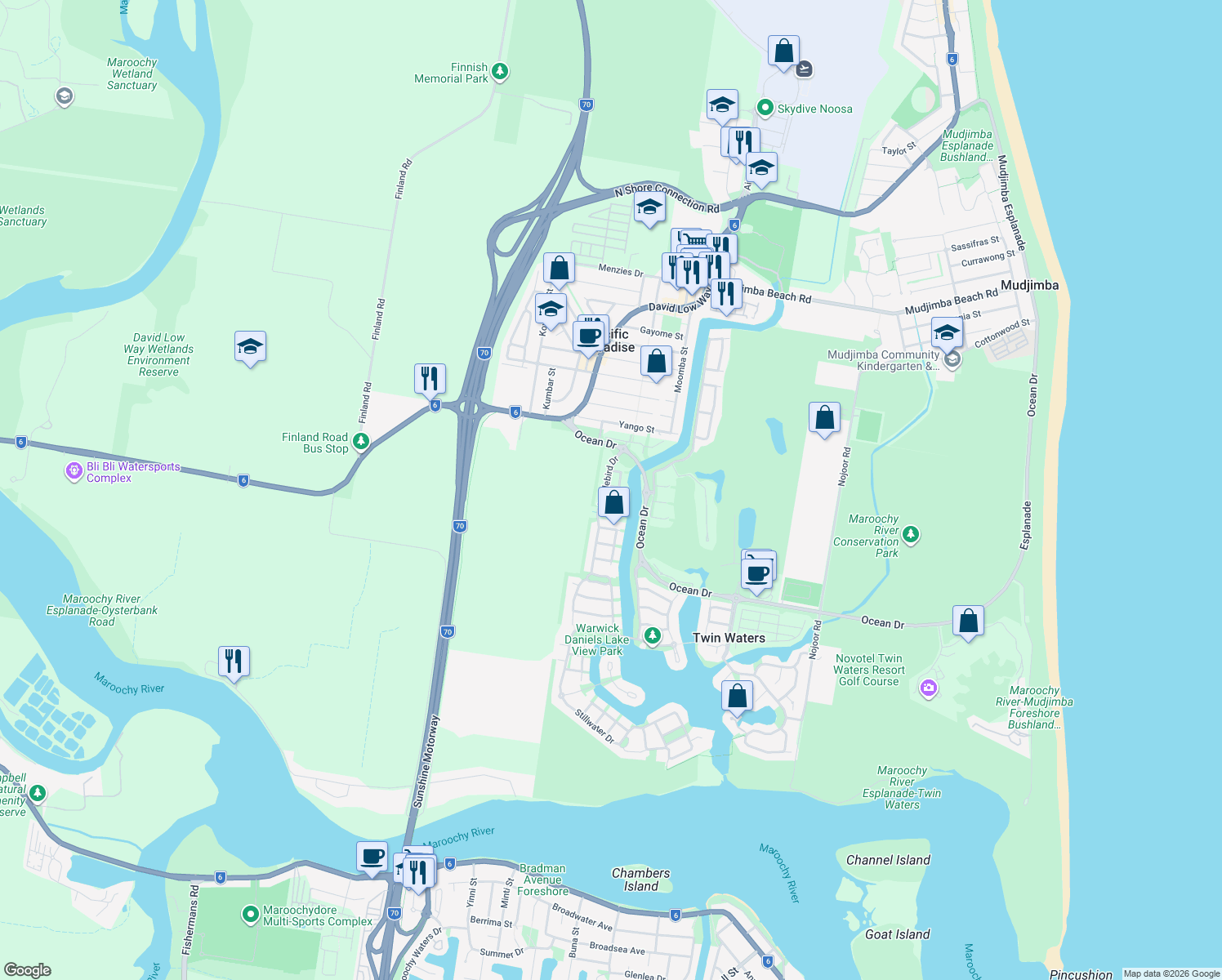 map of restaurants, bars, coffee shops, grocery stores, and more near 2 Tassel Place in Twin Waters