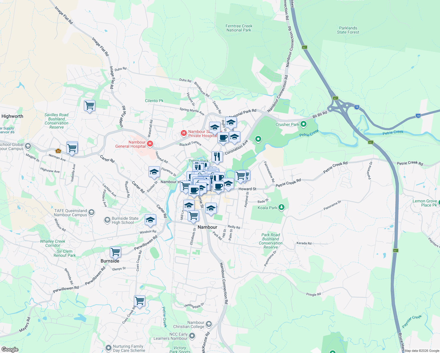 map of restaurants, bars, coffee shops, grocery stores, and more near 24 Mathew Street in Nambour