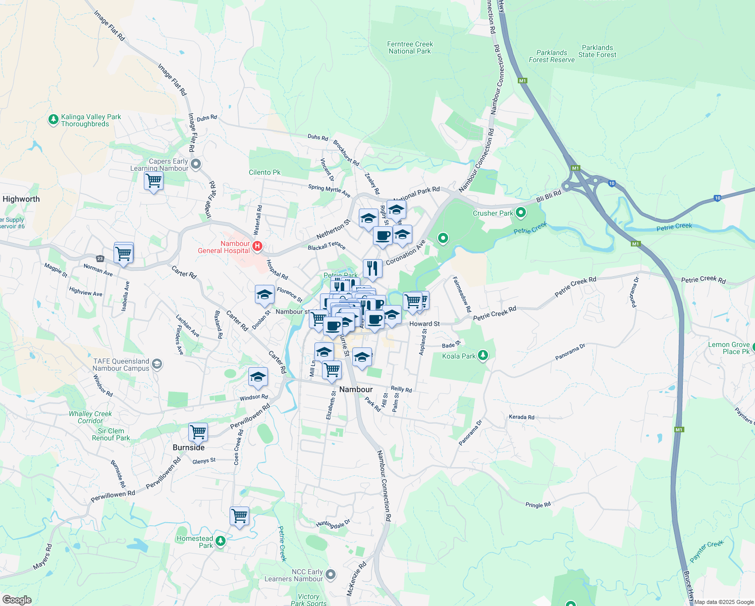map of restaurants, bars, coffee shops, grocery stores, and more near 24 Mathew Street in Nambour