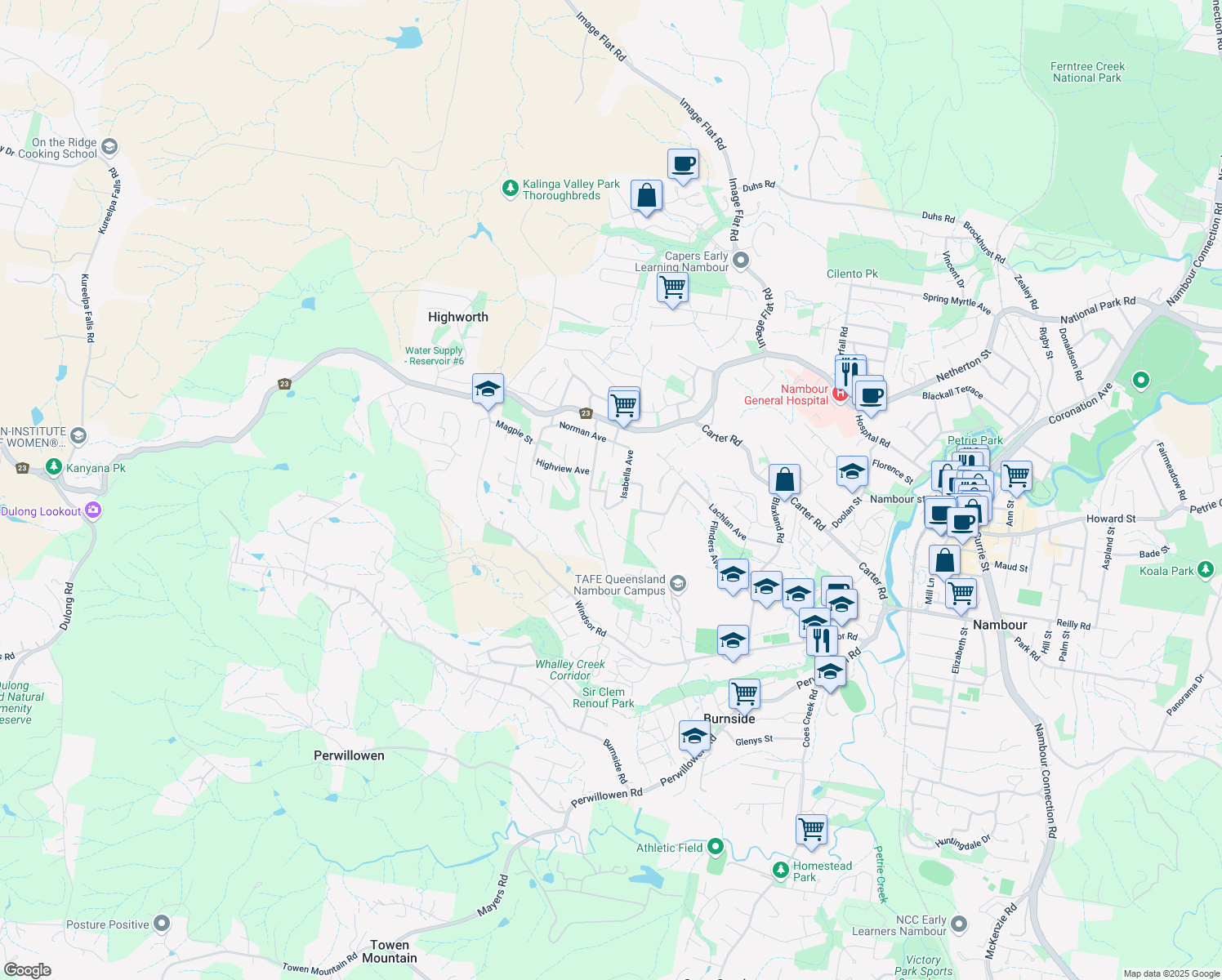 map of restaurants, bars, coffee shops, grocery stores, and more near 48 Isabella Avenue in Nambour