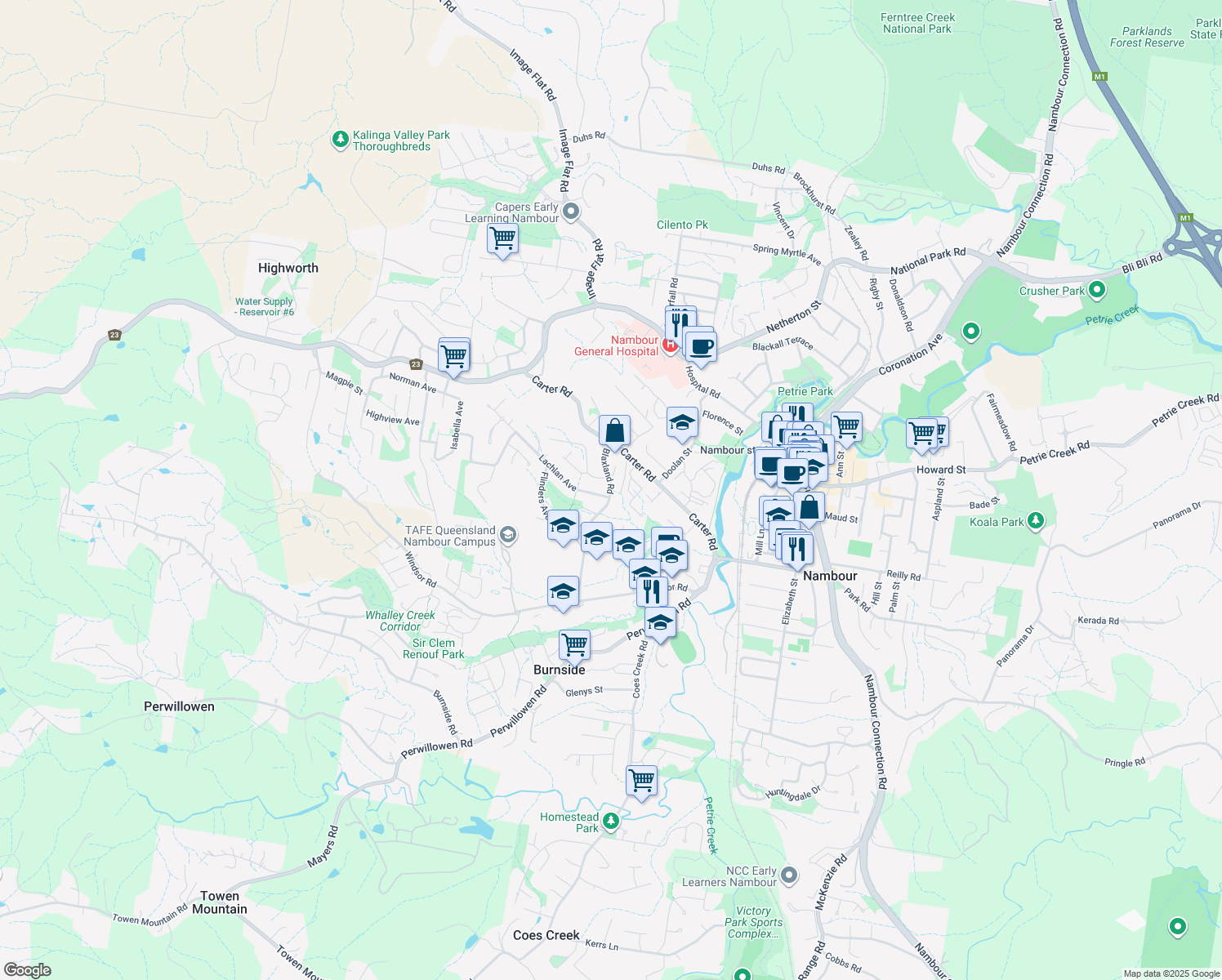 map of restaurants, bars, coffee shops, grocery stores, and more near Blaxland Road in Nambour