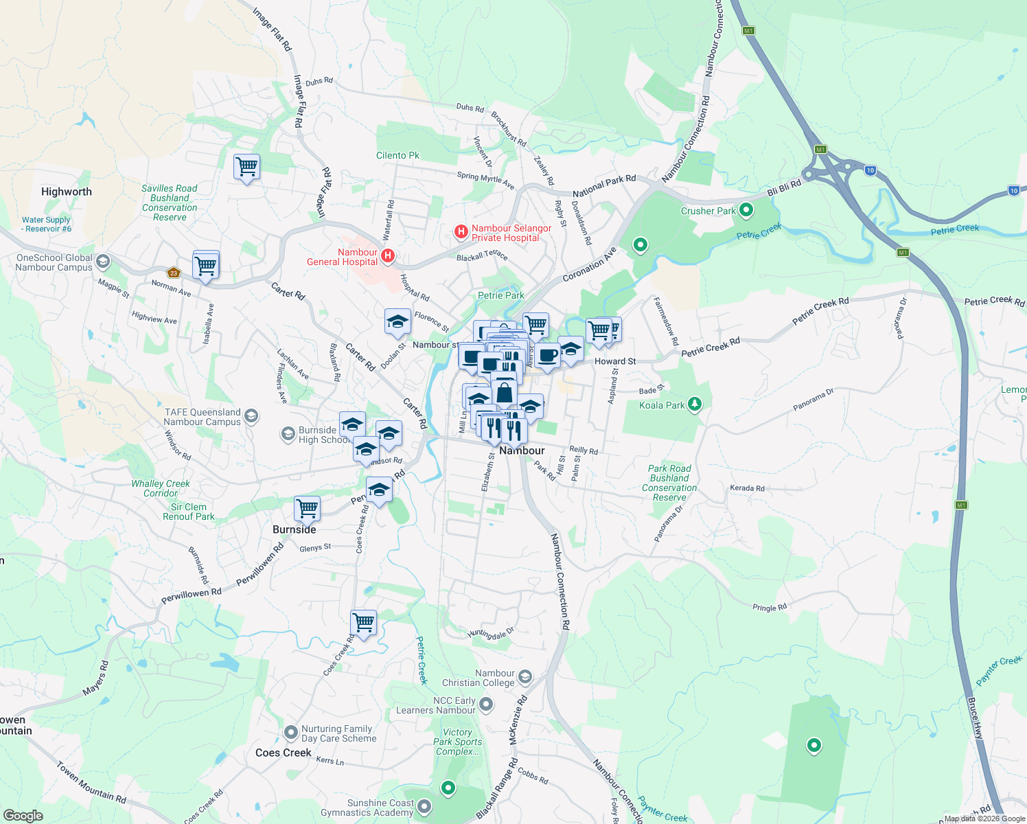map of restaurants, bars, coffee shops, grocery stores, and more near in Nambour