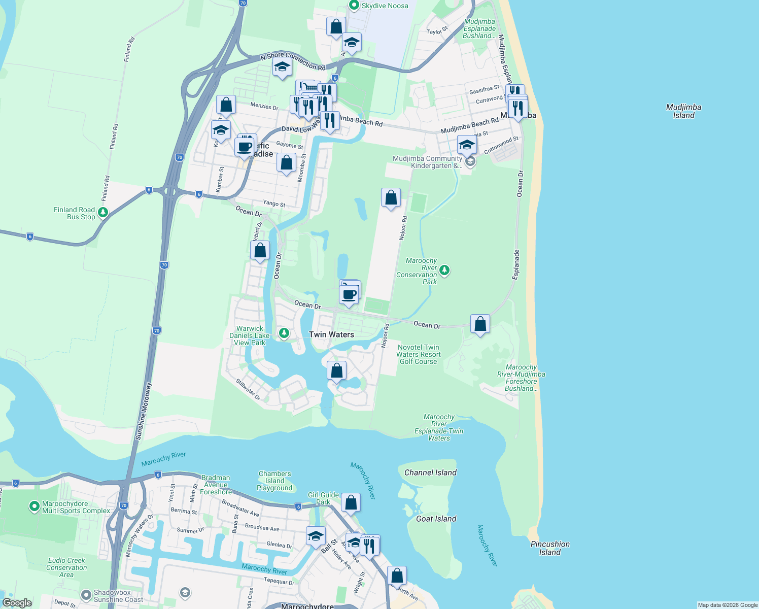 map of restaurants, bars, coffee shops, grocery stores, and more near 16 Ameen Circuit in Mudjimba