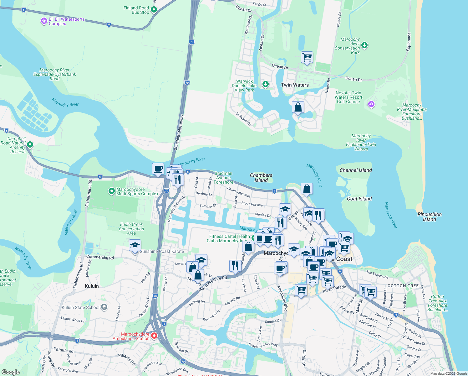 map of restaurants, bars, coffee shops, grocery stores, and more near 78 Broadwater Avenue in Maroochydore
