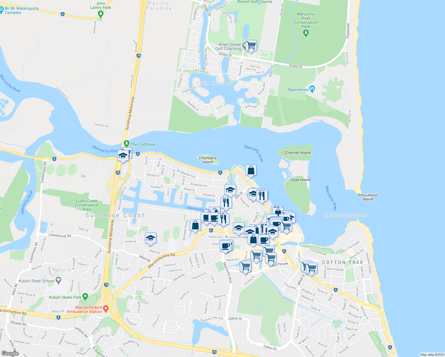 map of restaurants, bars, coffee shops, grocery stores, and more near 6 Broadwater Avenue in Maroochydore
