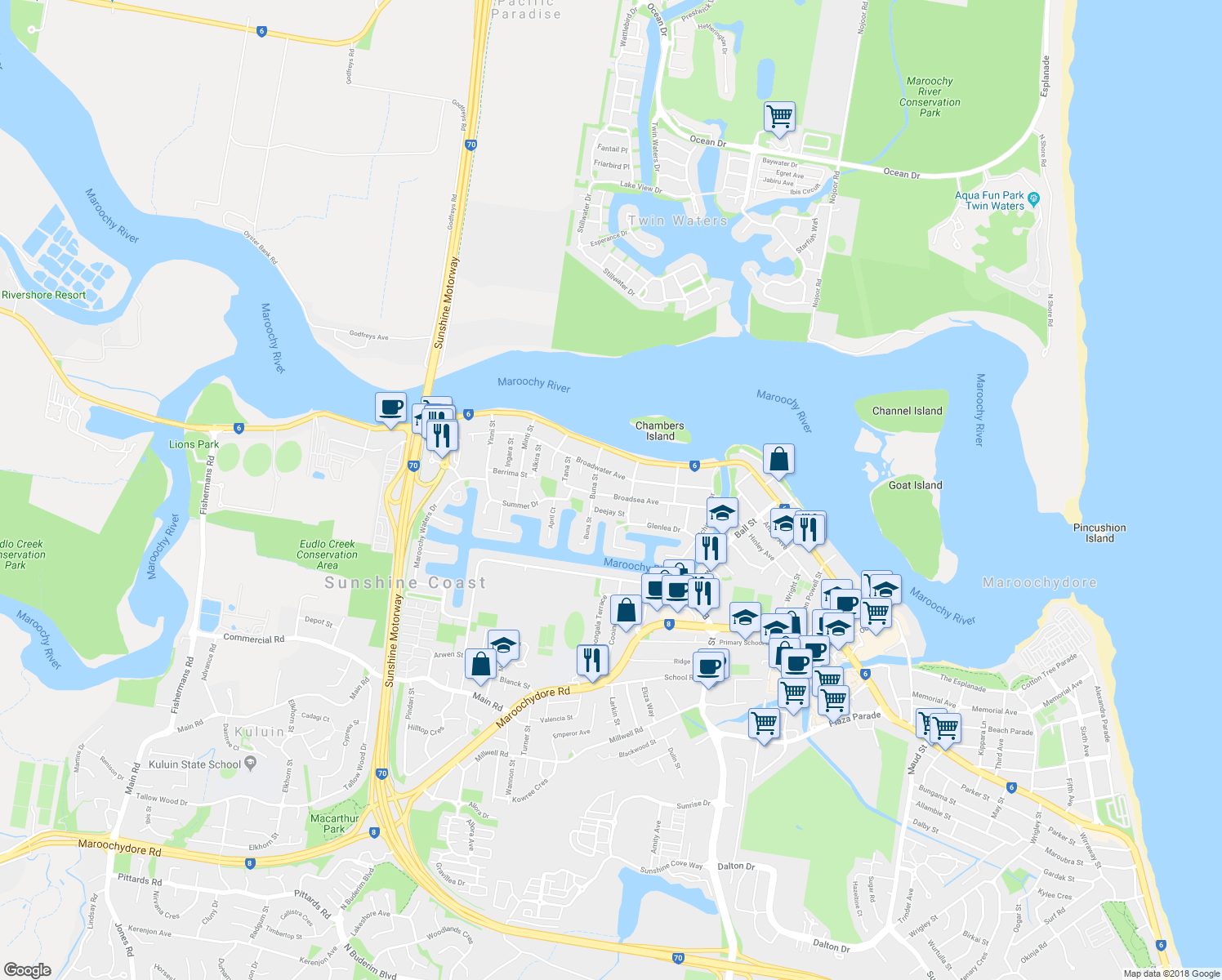 map of restaurants, bars, coffee shops, grocery stores, and more near 64 Broadsea Avenue in Maroochydore