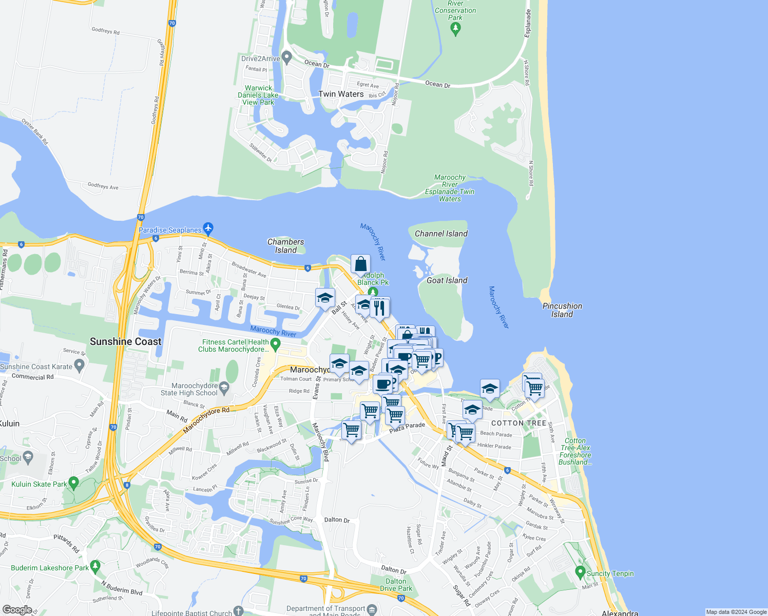 map of restaurants, bars, coffee shops, grocery stores, and more near 150 Duporth Avenue in Maroochydore
