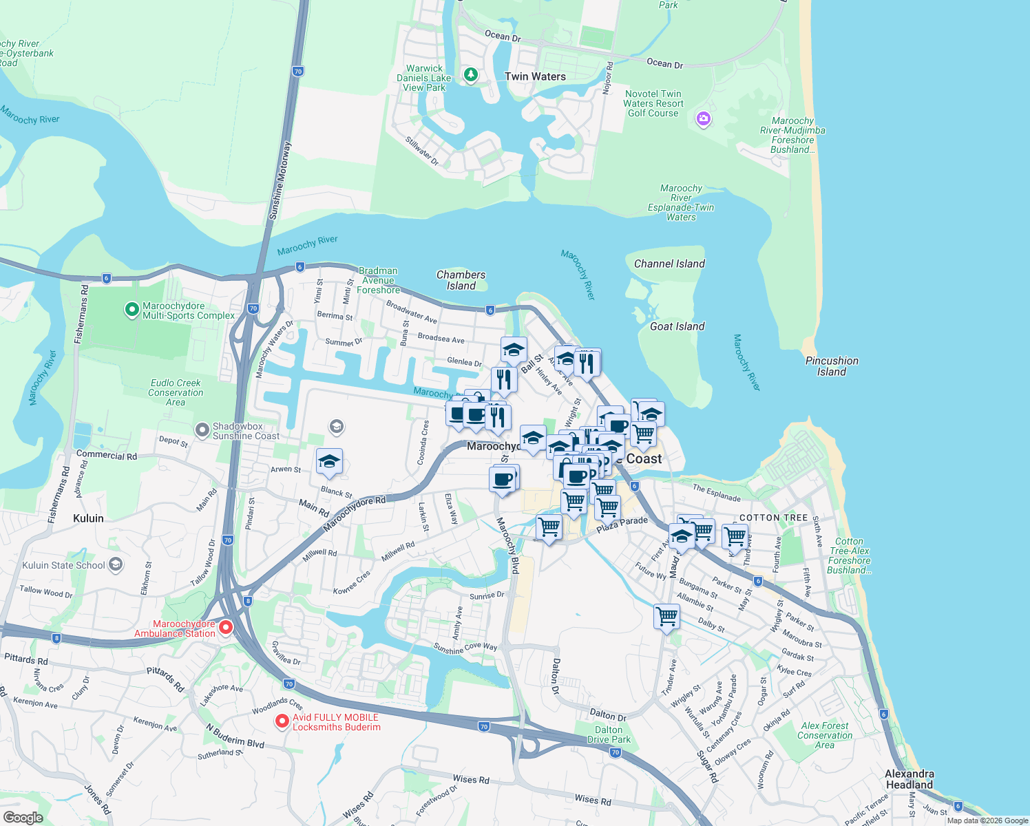 map of restaurants, bars, coffee shops, grocery stores, and more near 3 Kirsten Court in Maroochydore