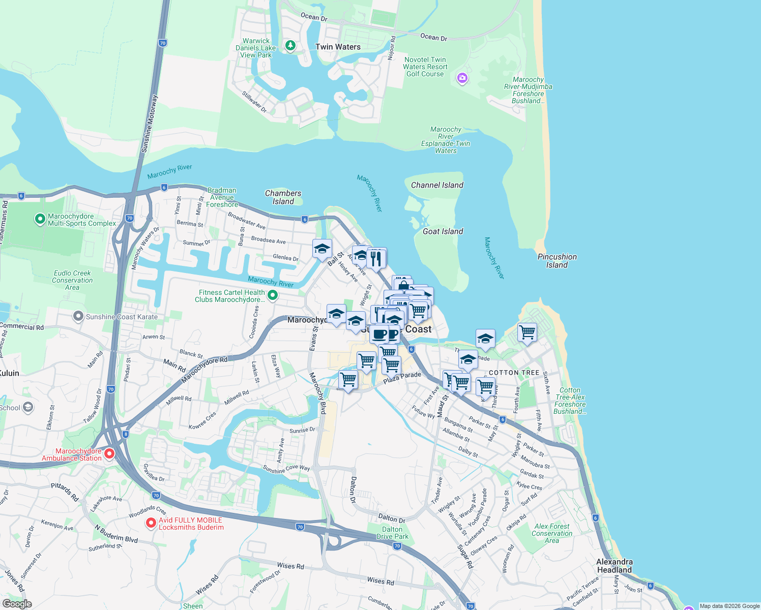 map of restaurants, bars, coffee shops, grocery stores, and more near 33 Baden Powell Street in Maroochydore