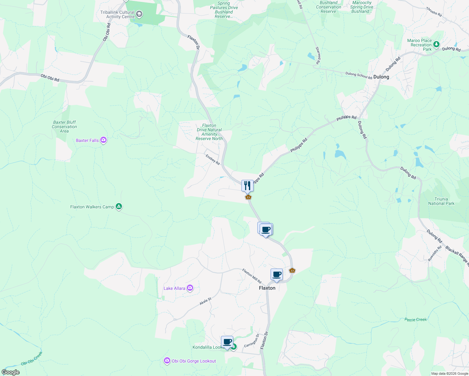 map of restaurants, bars, coffee shops, grocery stores, and more near 12 Nimbus Drive in Flaxton