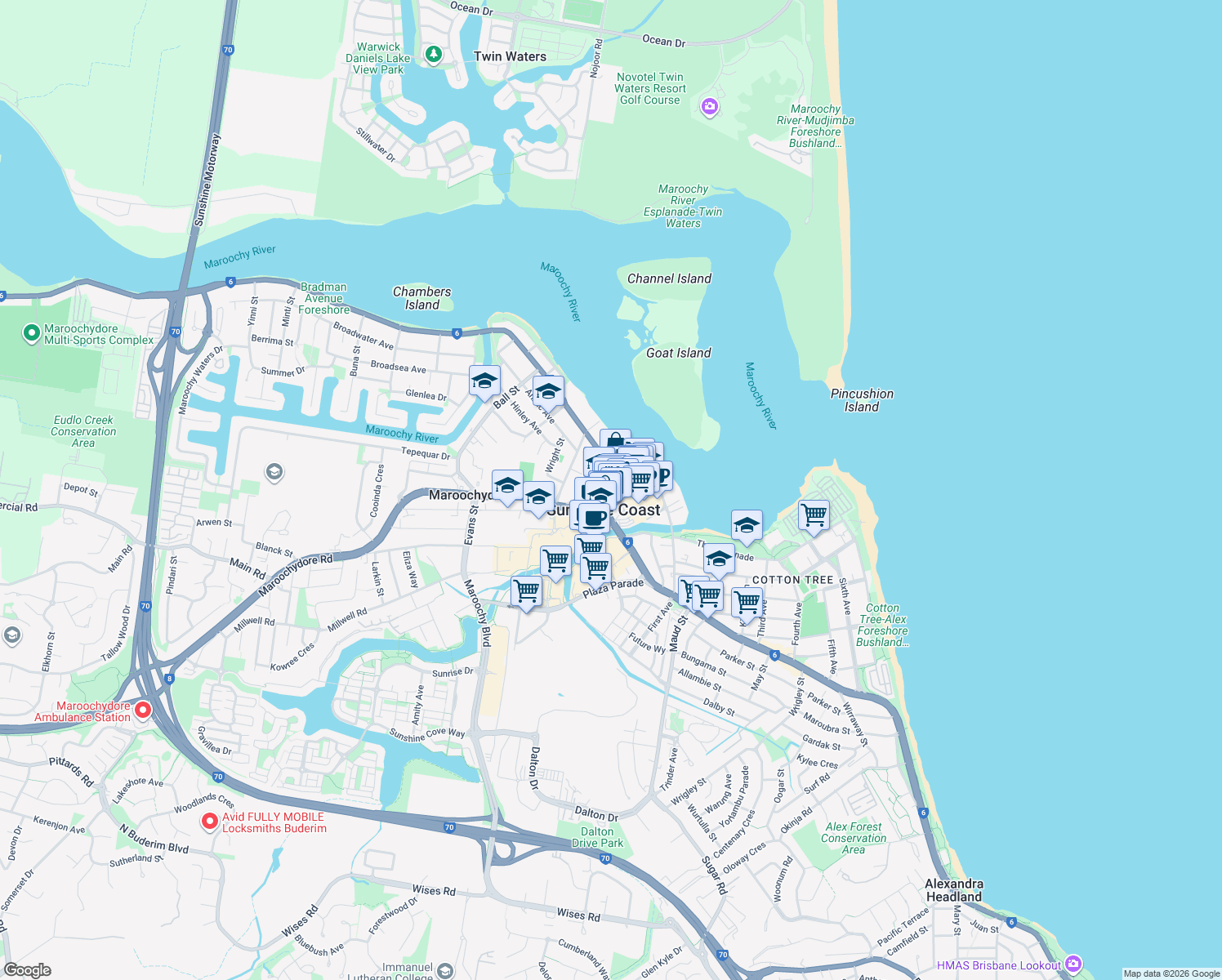 map of restaurants, bars, coffee shops, grocery stores, and more near 8 Beach Road in Maroochydore