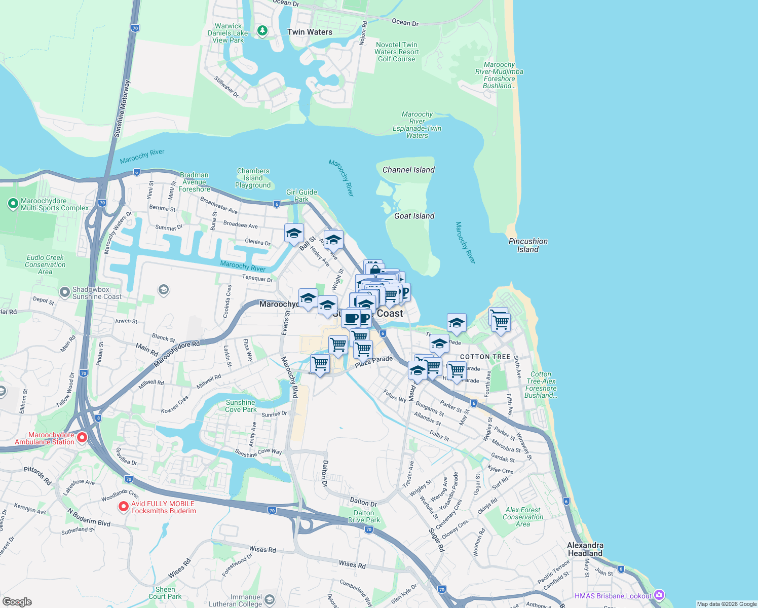 map of restaurants, bars, coffee shops, grocery stores, and more near 15 Ocean Street in Maroochydore