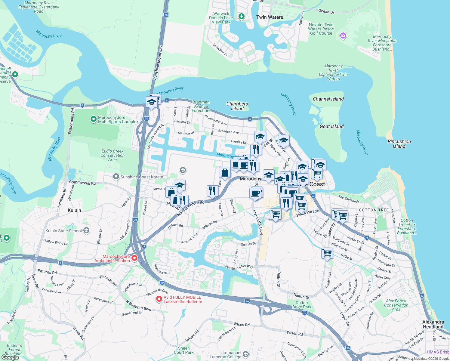 map of restaurants, bars, coffee shops, grocery stores, and more near 100 Maroochydore Road in Maroochydore