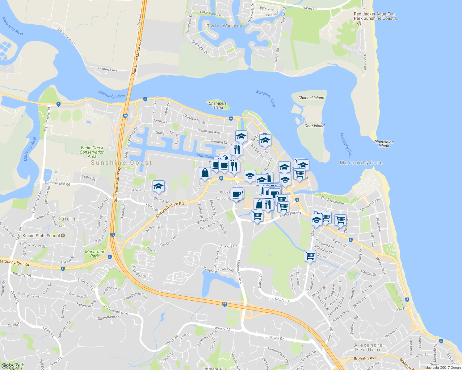 map of restaurants, bars, coffee shops, grocery stores, and more near 32 Primary School Court in Maroochydore