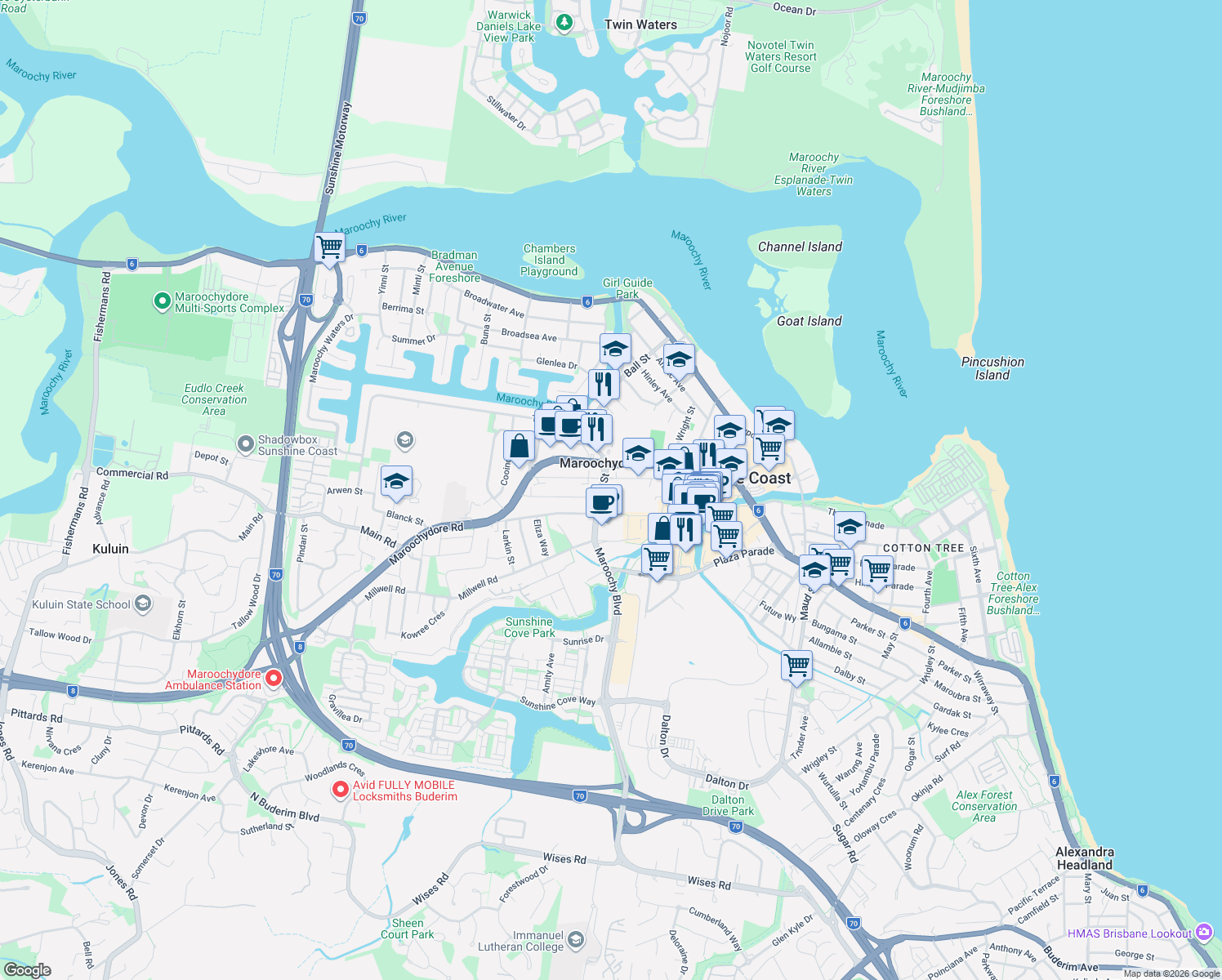 map of restaurants, bars, coffee shops, grocery stores, and more near 5 Evans Street in Maroochydore