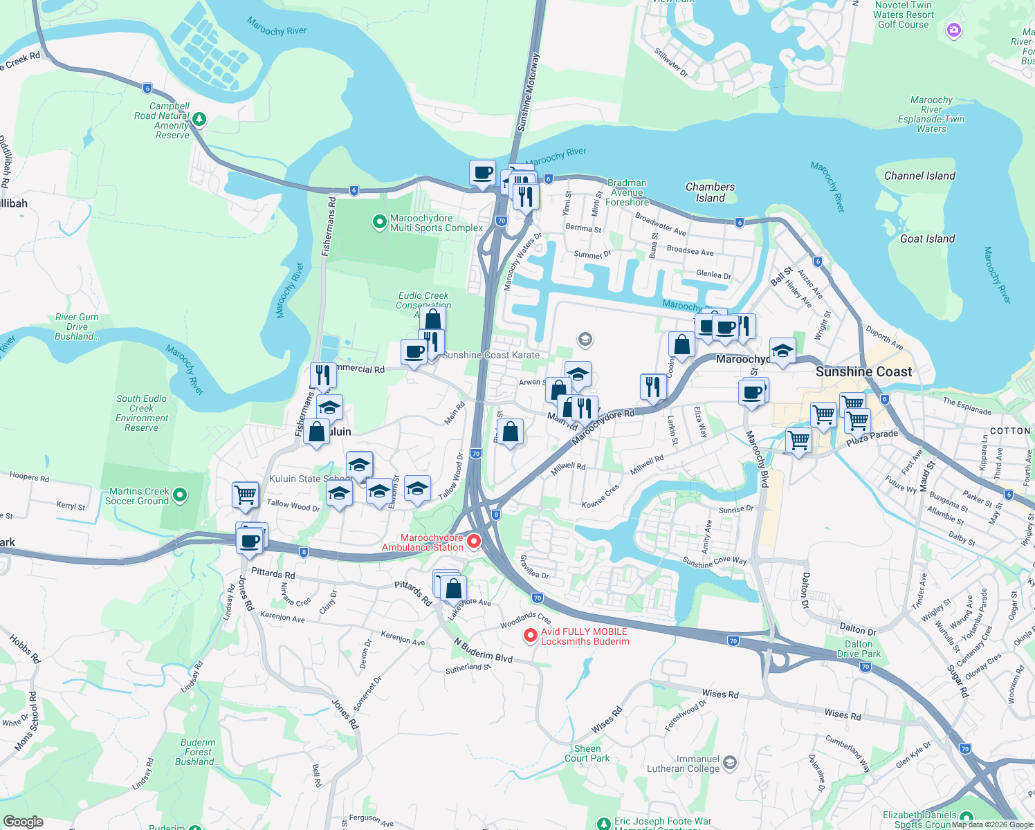 map of restaurants, bars, coffee shops, grocery stores, and more near 9 Warre Street in Maroochydore