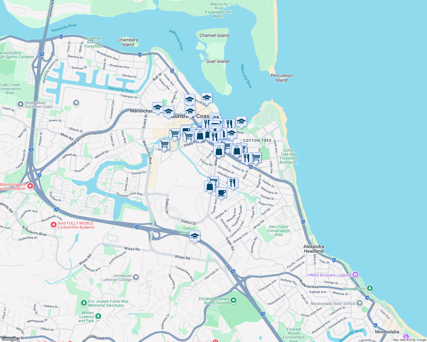 map of restaurants, bars, coffee shops, grocery stores, and more near 50 Maud Street in Maroochydore