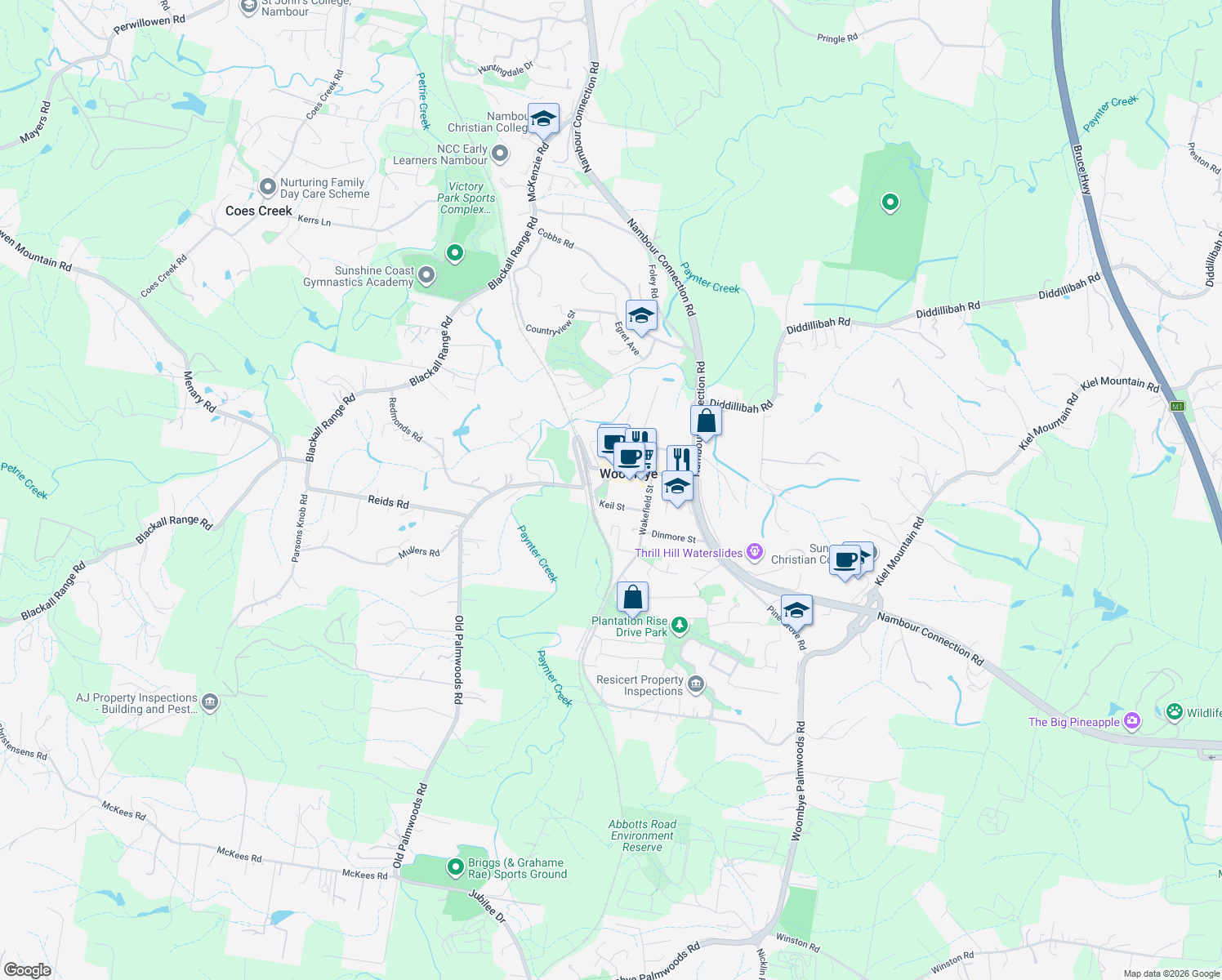 map of restaurants, bars, coffee shops, grocery stores, and more near 3 Park Street in Woombye