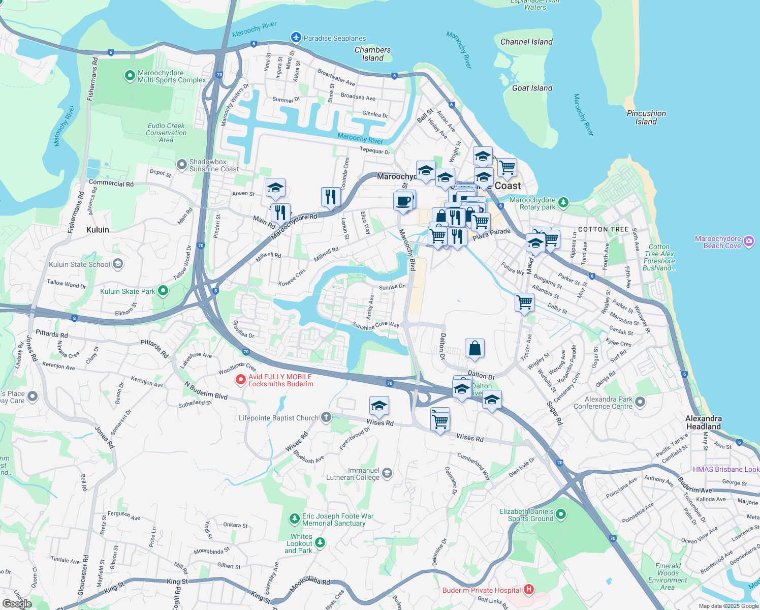 map of restaurants, bars, coffee shops, grocery stores, and more near 10 Saint Helena Street in Maroochydore
