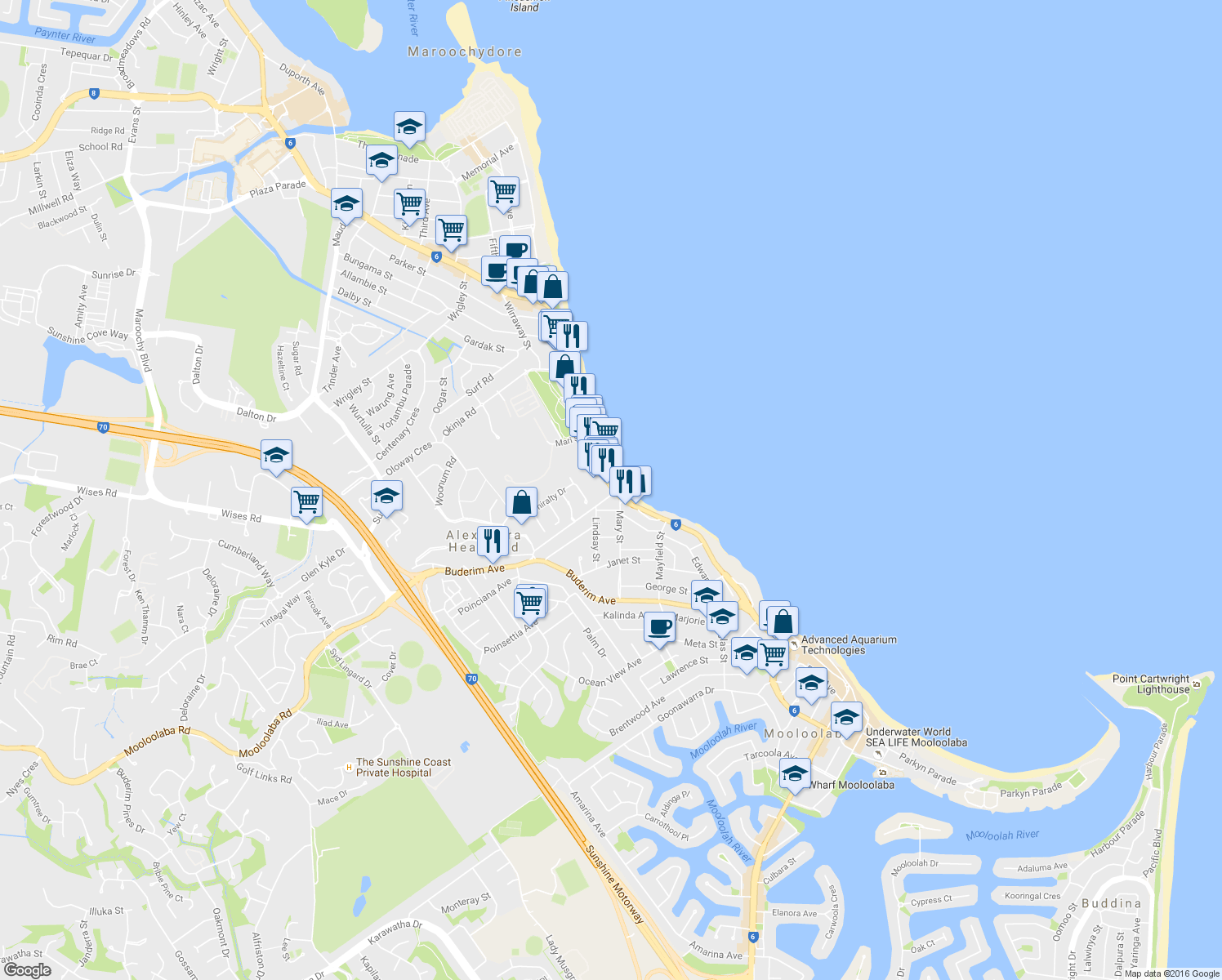 map of restaurants, bars, coffee shops, grocery stores, and more near 186 Alexandra Parade in Alexandra Headland