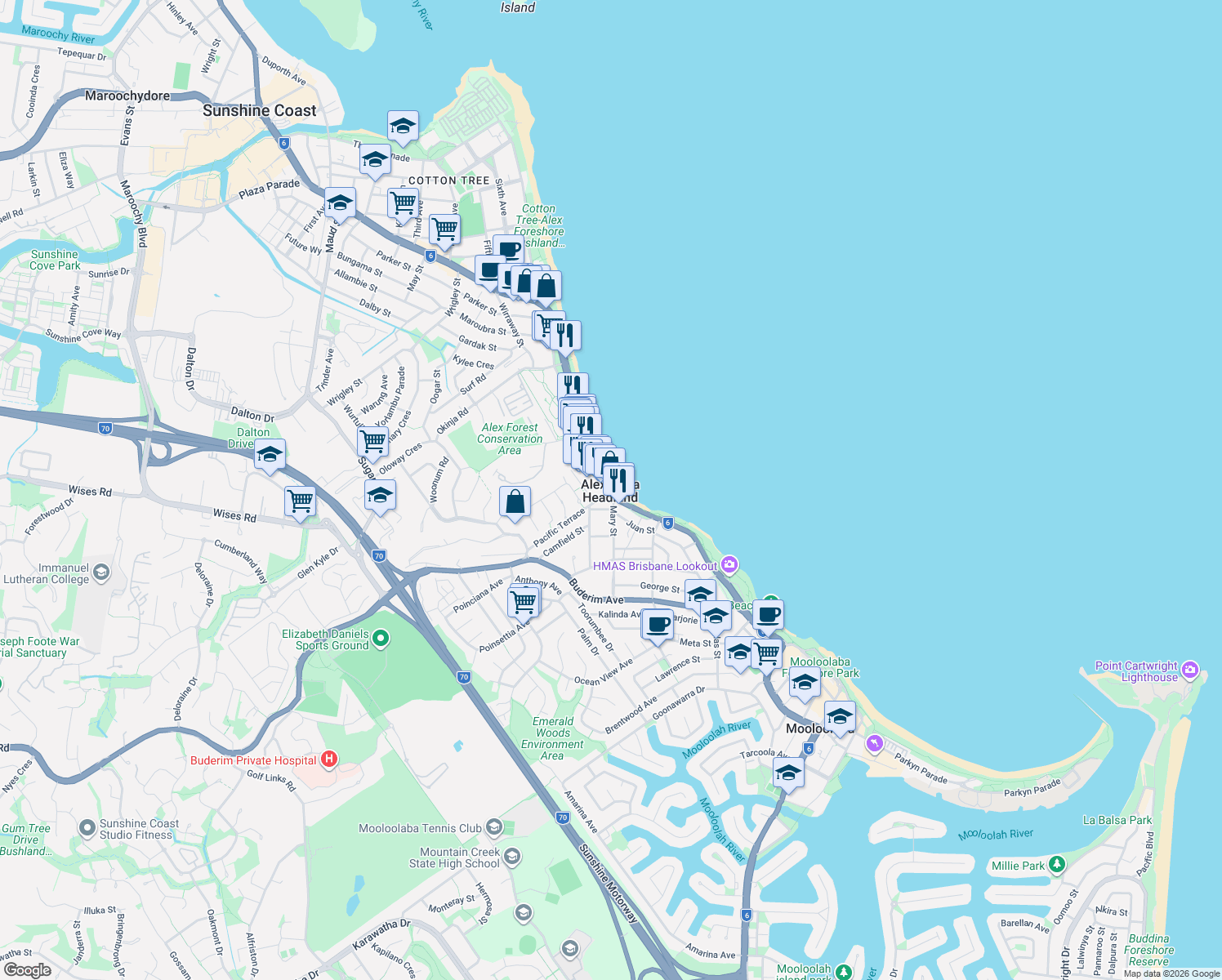 map of restaurants, bars, coffee shops, grocery stores, and more near 186 Alexandra Parade in Alexandra Headland