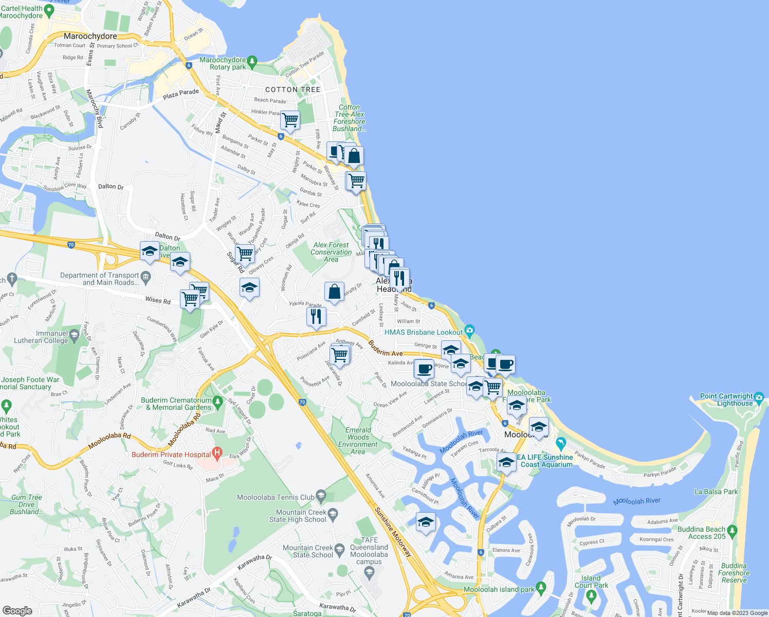 map of restaurants, bars, coffee shops, grocery stores, and more near 12-14 Lindsay Street in Alexandra Headland