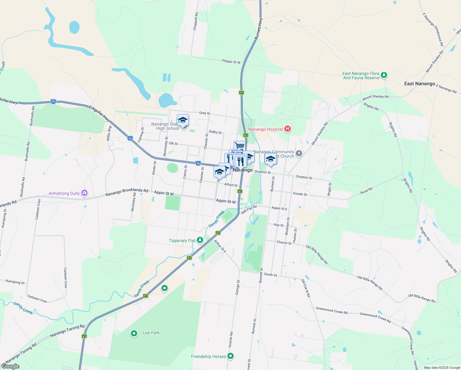 map of restaurants, bars, coffee shops, grocery stores, and more near 8 Alfred Street in Nanango