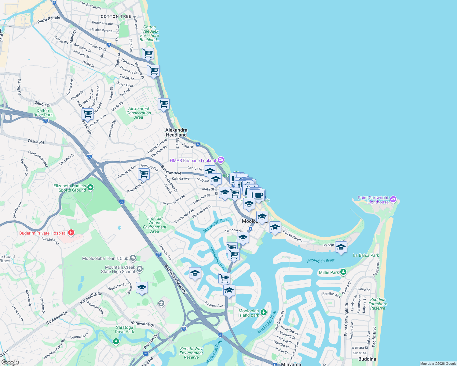 map of restaurants, bars, coffee shops, grocery stores, and more near 3 Meta Street in Mooloolaba